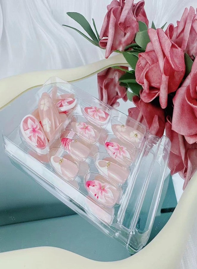 BSBTBZ Pink Flower Press on Nails Nails Medium Almond Fake Nails French Nails Press ons Cute with Designs 3D Flower Pink Stick on Nails Glossy Glue on Nails Acrylic Nails for Women Girls 24 Pcs - Image 3